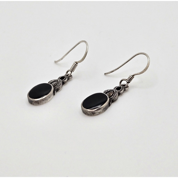Vintage Sterling Silver Earrings Black Enamel Dangle Filigree Boho Dainty Twee - Picture 6 of 13